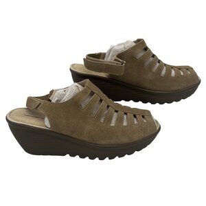 Womens Size 9.5 Brown Suede Wedge Sandals With Cutout Design Strap By Skechers